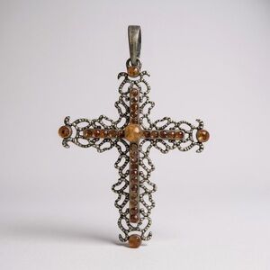 Vintage Ornate Filigree Cross Pendant w/ Amber-Tone Rhinestones
